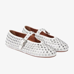 Mary Jane Loafer Ballerinas für Damen mit Kristallen, Weiß