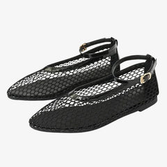 Ballerina-Loafer mit Netz und Knöchelriemen für Damen, Schwarz