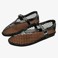 Mary Jane Loafer-Ballerina aus Netz für Damen mit Lackriemen, Schwarz