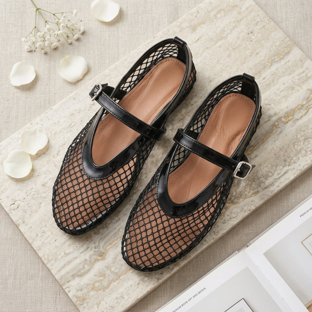 Mary Jane Loafer-Ballerina aus Netz für Damen mit Lackriemen