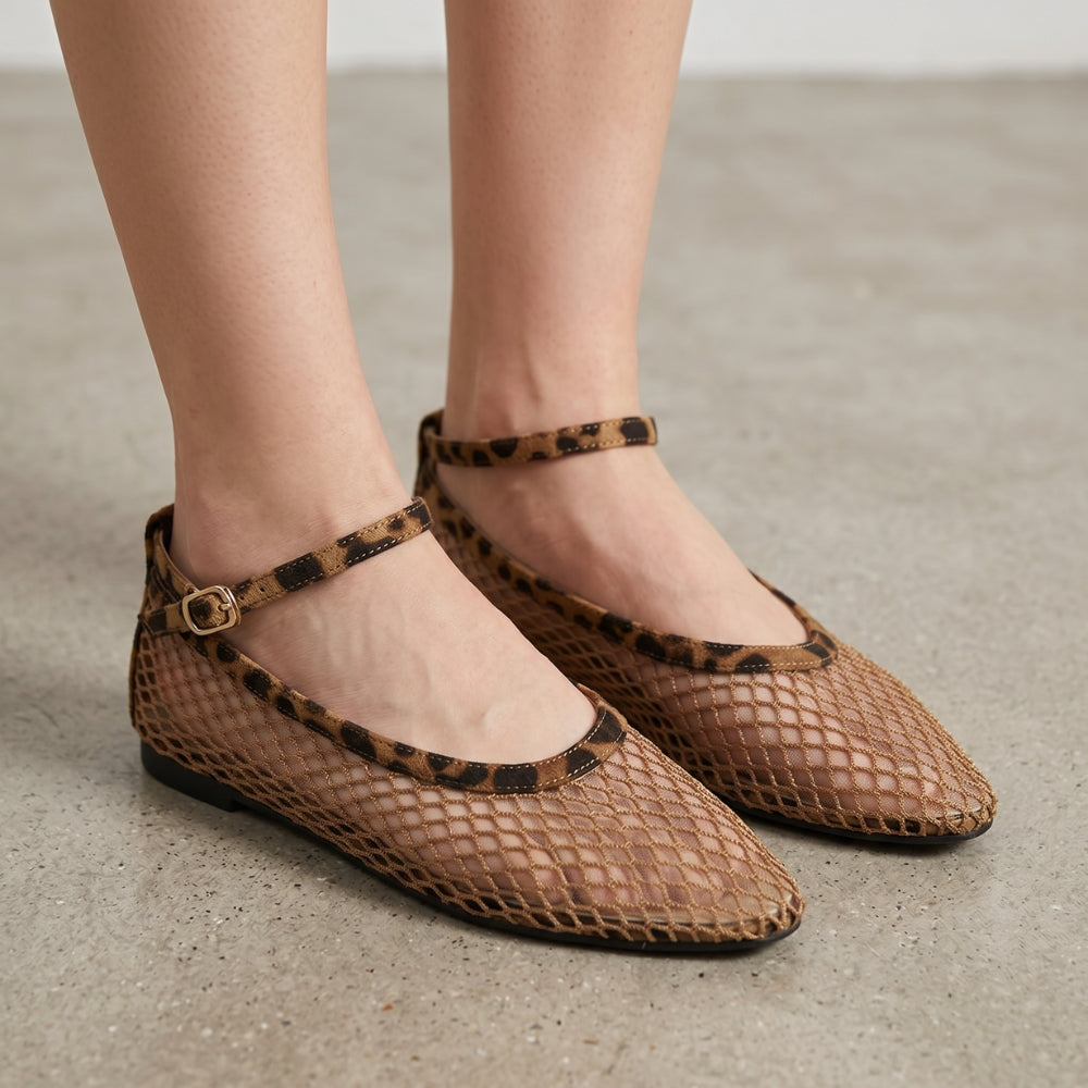 Netz Loafer Ballerinas für Damen mit Leopardenmuster und Riemen