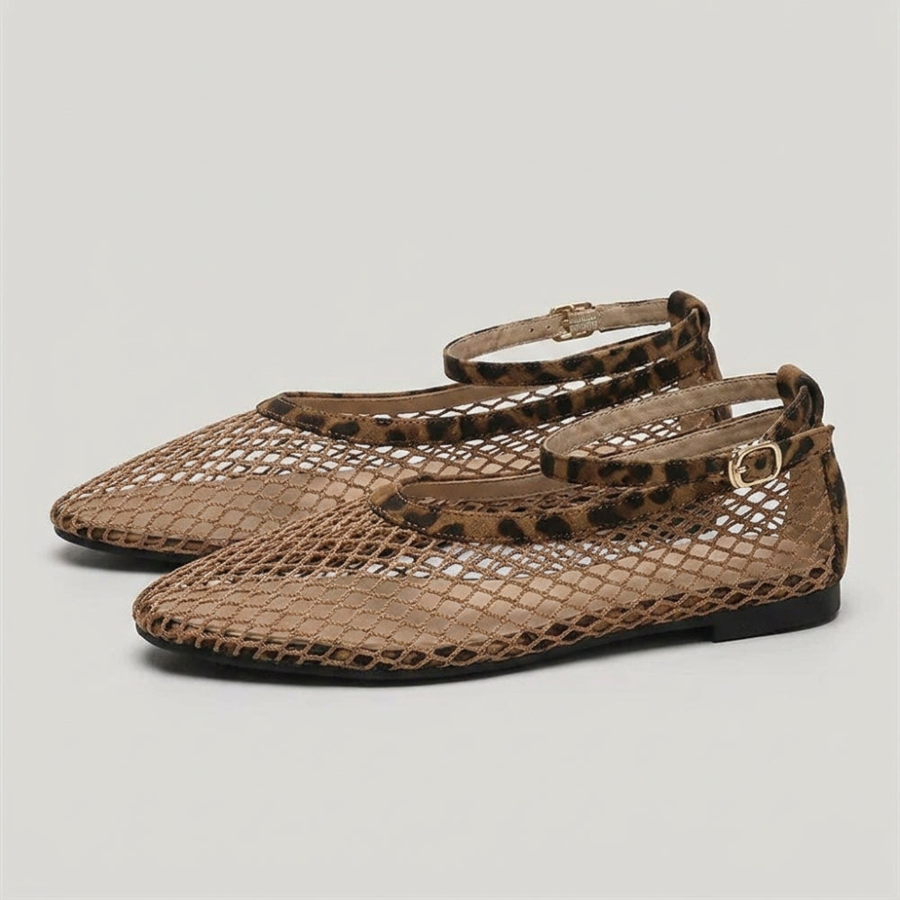 Netz Loafer Ballerinas für Damen mit Leopardenmuster und Riemen