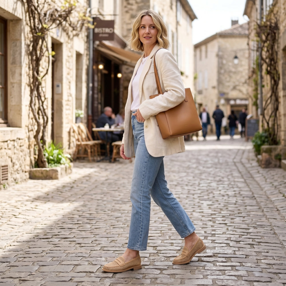 Beiger Loafer aus Mesh und Leder für Damen