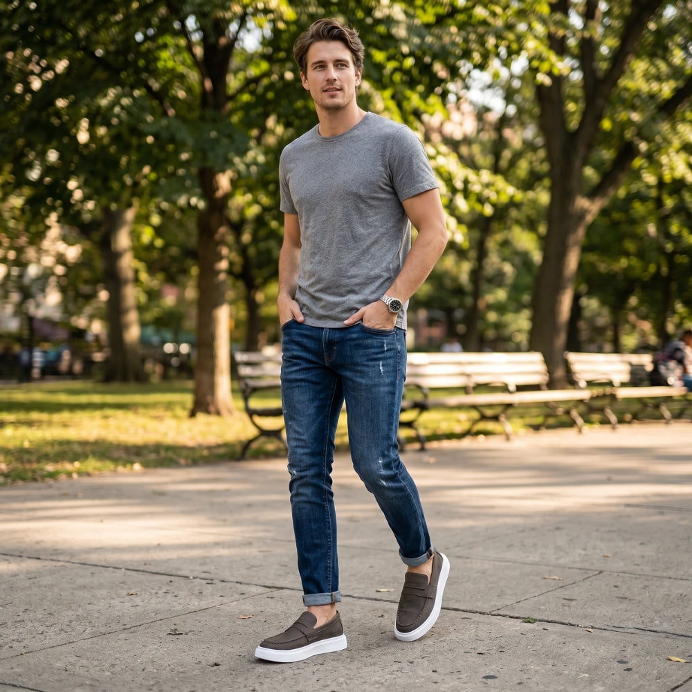 Rutschfeste Loafer aus Leder für Herren mit weißer Sohle