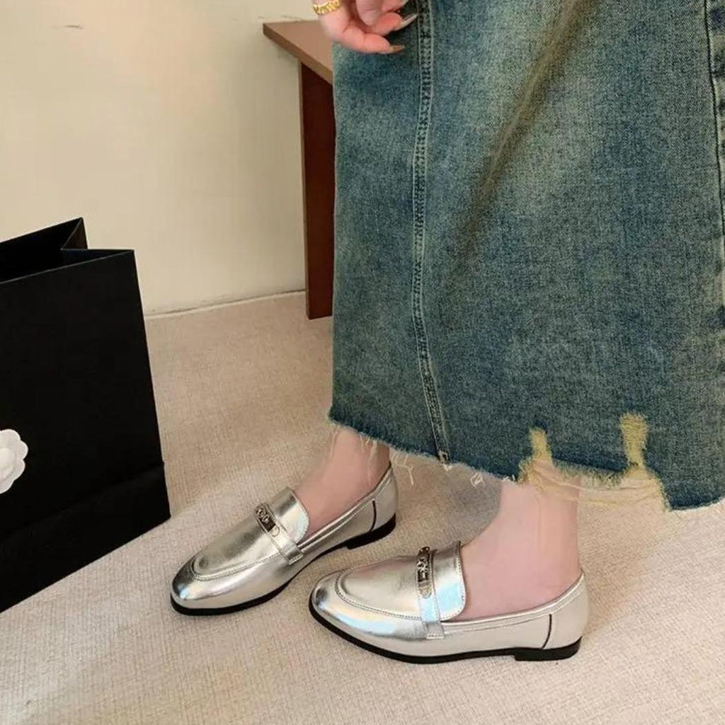 Silberne Loafer mit Blockabsatz für Damen