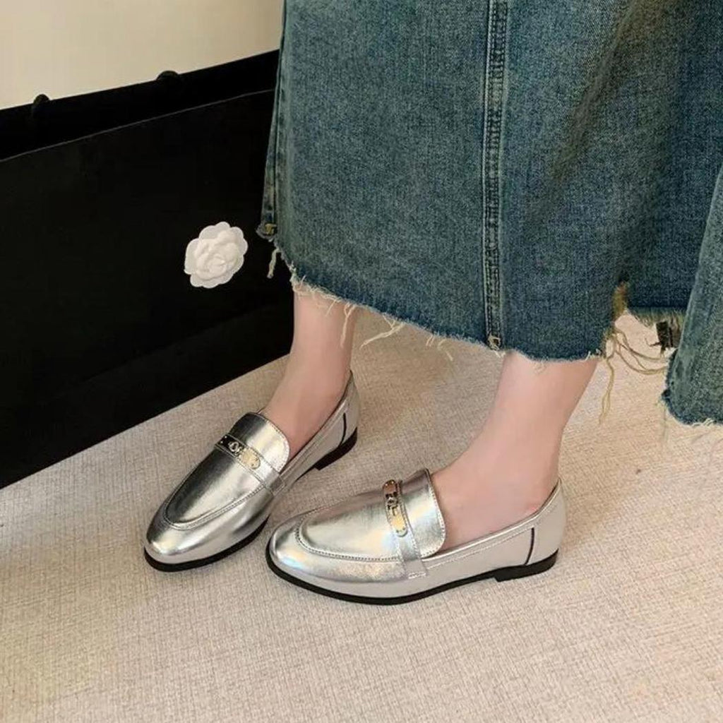 Silberne Loafer mit Blockabsatz für Damen