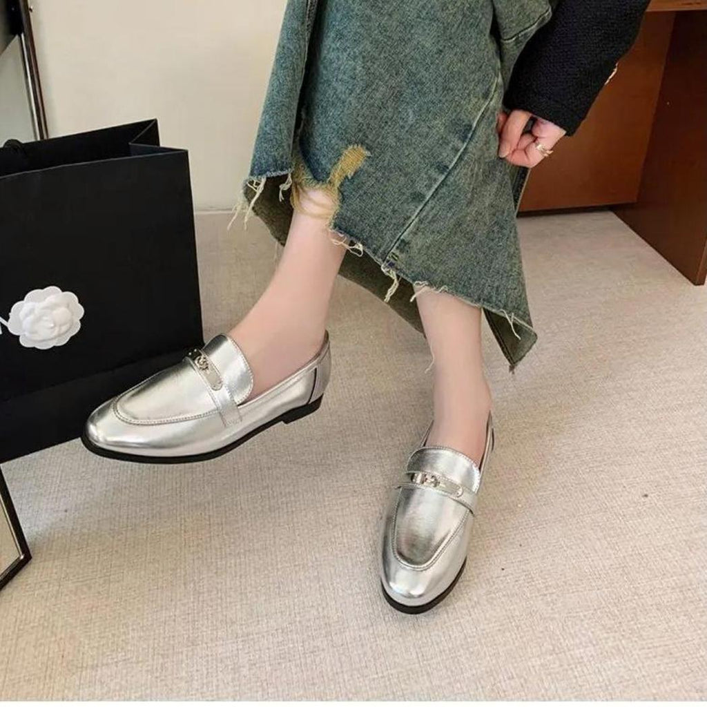 Silberne Loafer mit Blockabsatz für Damen