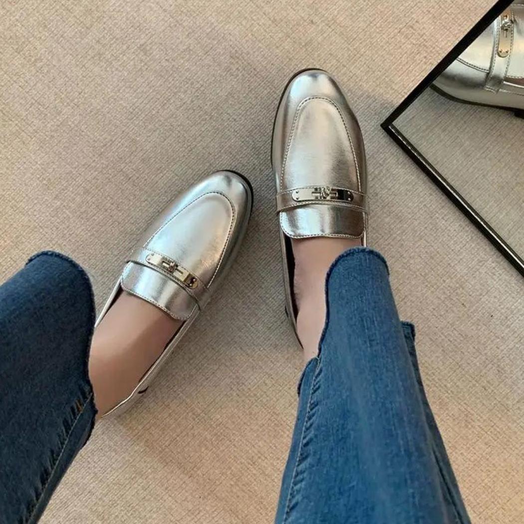 Silberne Loafer mit Blockabsatz für Damen