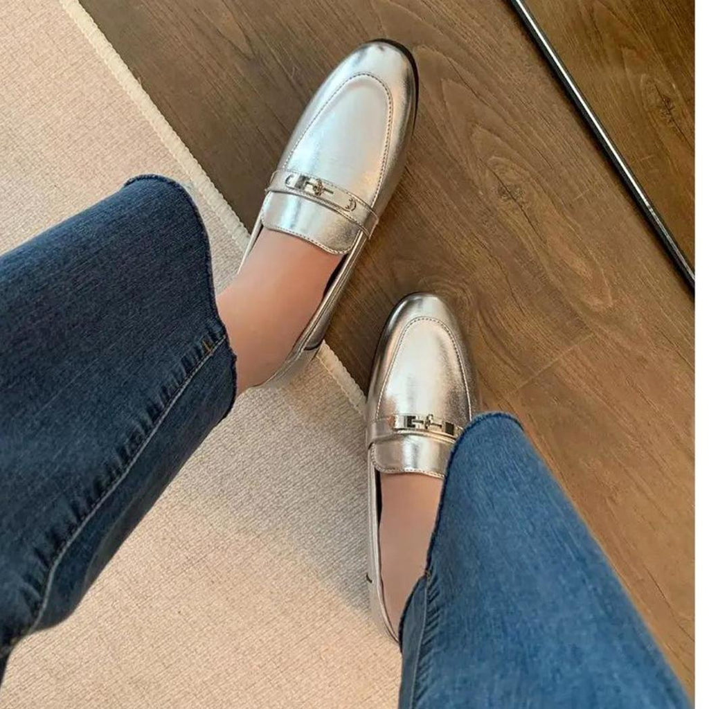Silberne Loafer mit Blockabsatz für Damen