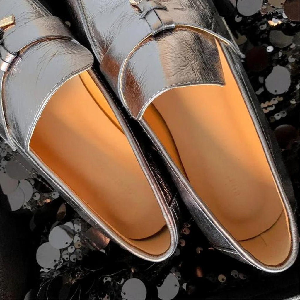 Silberne Loafer mit Quaste aus echtem Leder für Damen