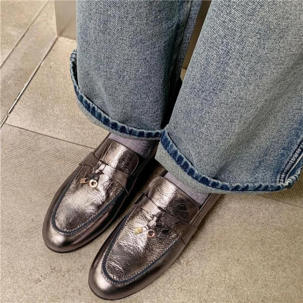 Silberne Loafer mit Quaste aus echtem Leder für Damen
