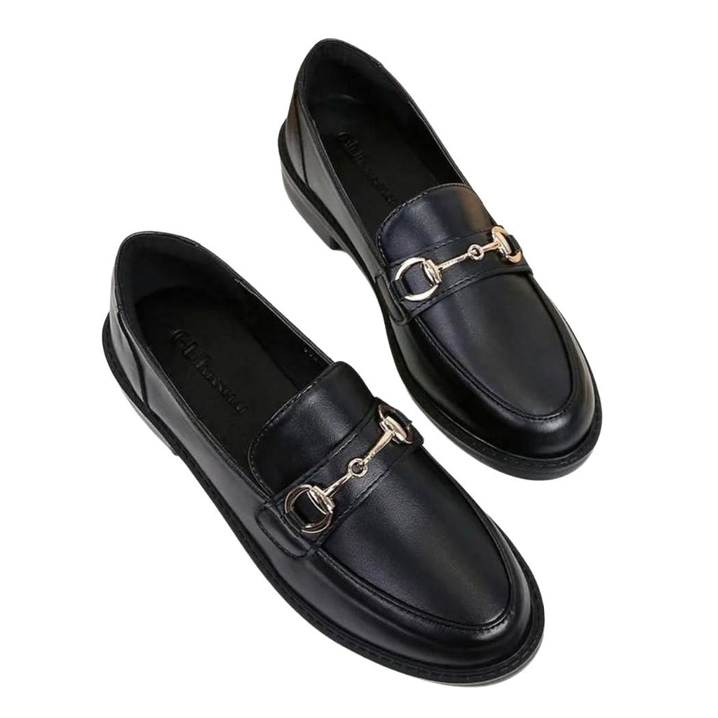 Schwarze Loafer aus Leder für Damen mit Metallschnalle und Blockabsatz