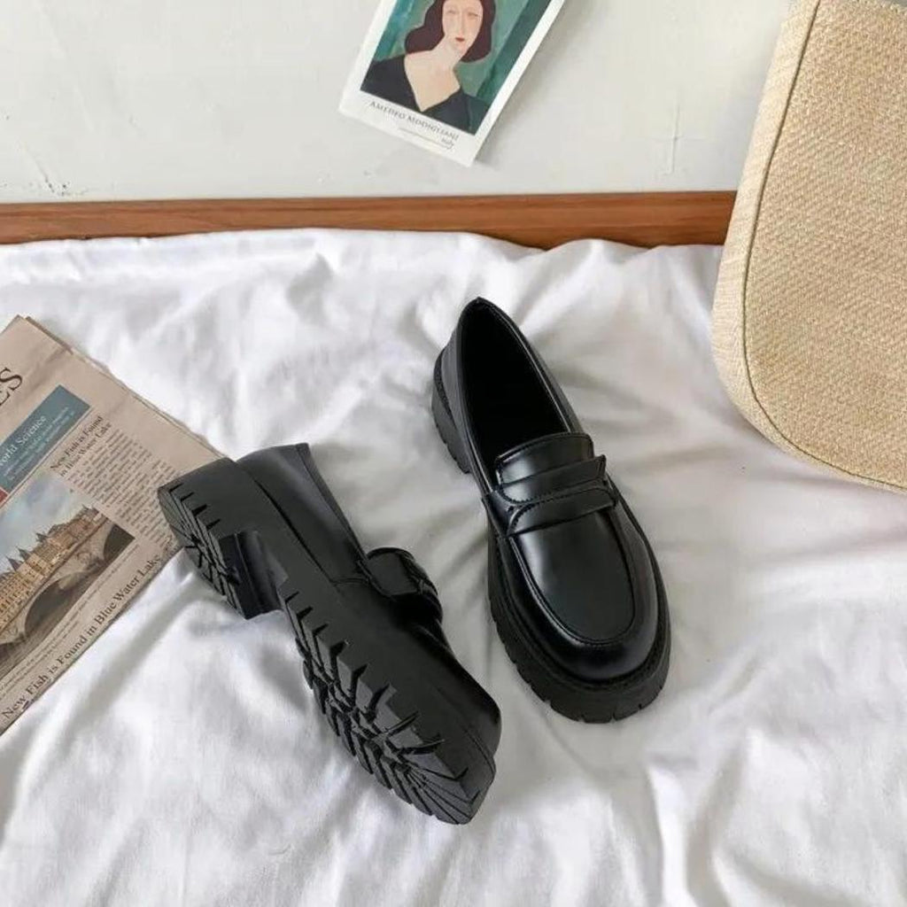 Schwarze Loafer mit Blockabsatz und dicker Sohle für Damen