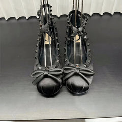 Satin Loafer Ballerinas mit Schleife und Nieten, Schwarz