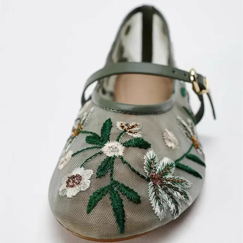 Mary Jane Ballerinas Damen – Bestickte Blumen