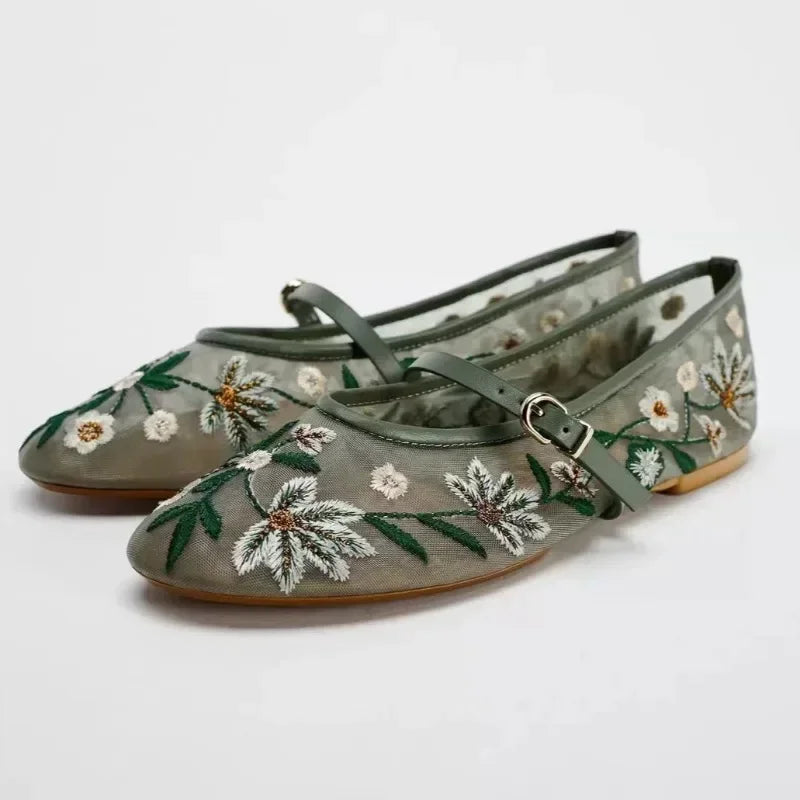 Mary Jane Ballerinas Damen – Bestickte Blumen