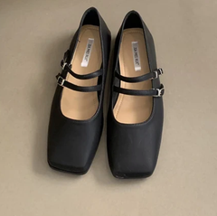 Ballerinas für damen Mary Jane mit zwei Riemen, Schwarz