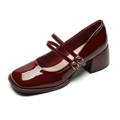 Ballerinas für damen Mary Jane mit zwei Riemchen und verschnörkelter Ferse, Burgund