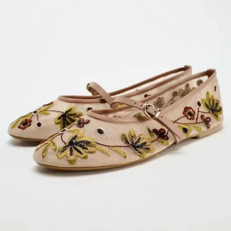 Mary Jane Ballerinas Damen – Bestickte Blumen
