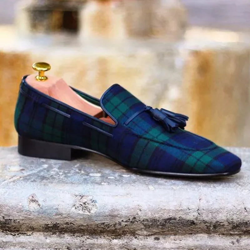Karierte Quasten-Loafer in Blau und Grün für Herren