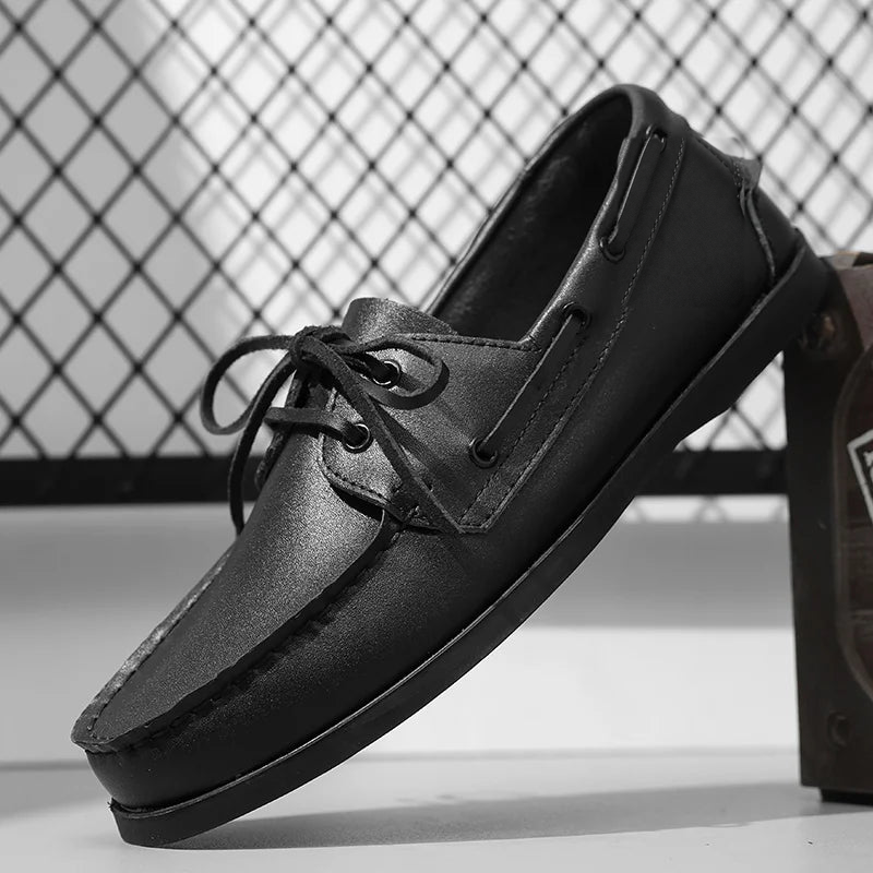 Schwarzer Herren Bootsschuh mit Schnürung in Lederoptik in Schwarz, Ansicht 6