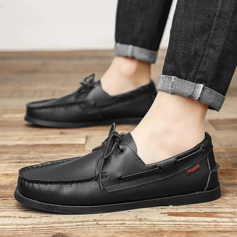 Schwarzer Herren Bootsschuh mit Schnürung in Lederoptik in Schwarz, Ansicht 7
