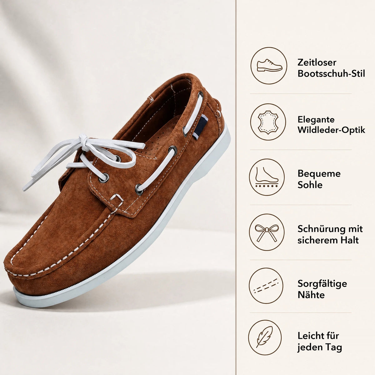 Herren Bootsschuhe aus Veloursleder mit weißen Schnürsenkeln in Taupe, Ansicht 5