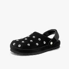 Damen-Mokassin-Clogs mit Nieten aus Veloursleder, Profilsohle, Schwarz