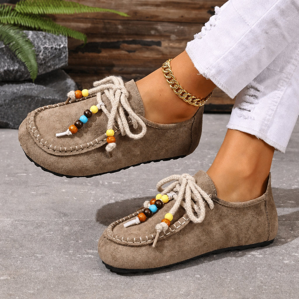 Damen Perlen-Loafer mit Schnürsenkeln und bunten Verzierungen in Grau, Ansicht 1