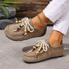 Damen Perlen-Loafer mit Schnürsenkeln und bunten Verzierungen, Taupe