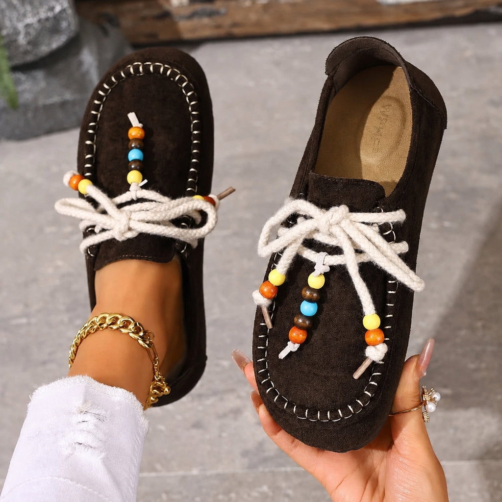 Damen Perlen-Loafer mit Schnürsenkeln und bunten Verzierungen in Taupe, Ansicht 5