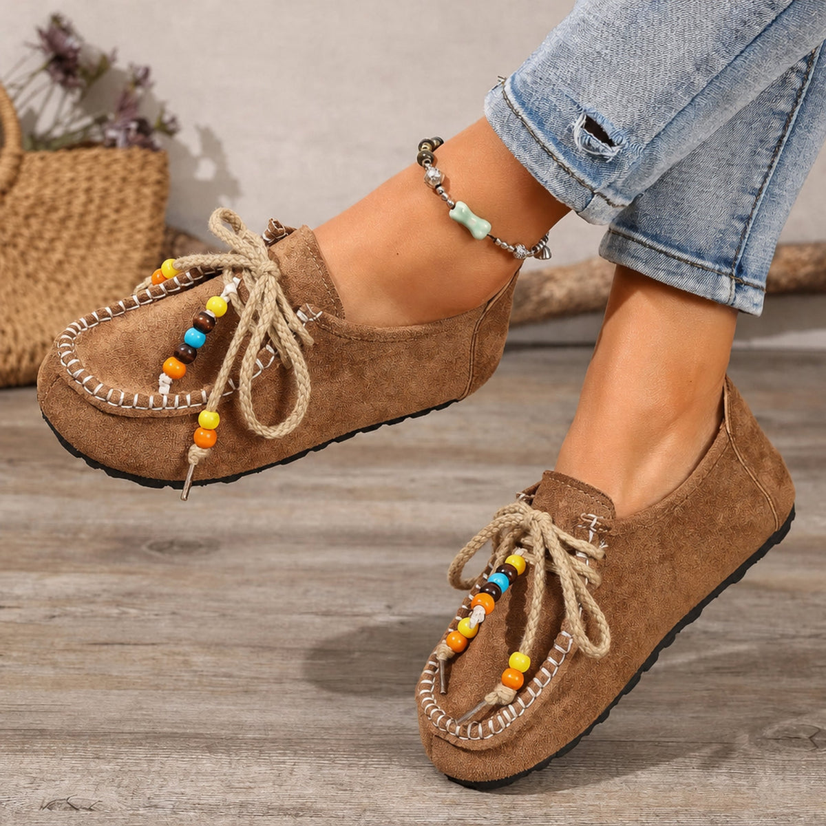 Damen Perlen-Loafer mit Schnürsenkeln und bunten Verzierungen in Grau, Ansicht 6