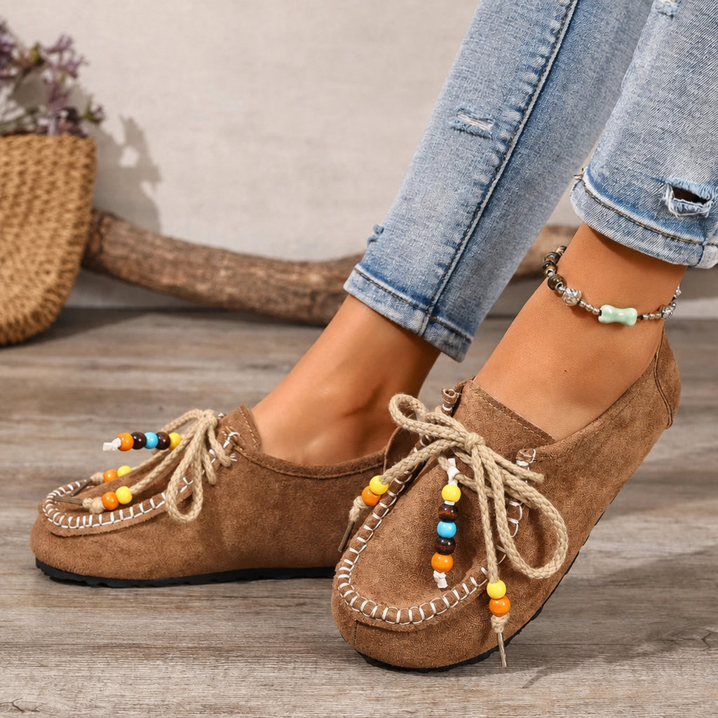 Damen Perlen-Loafer mit Schnürsenkeln und bunten Verzierungen in Camel, Ansicht 7