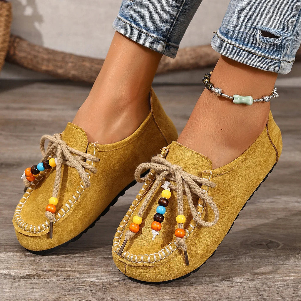 Damen Perlen-Loafer mit Schnürsenkeln und bunten Verzierungen in Braun, Ansicht 9