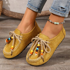 Damen Perlen-Loafer mit Schnürsenkeln und bunten Verzierungen, Gelb