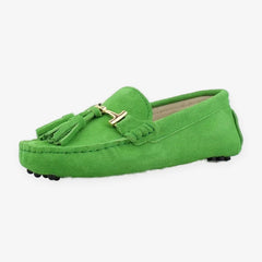 Damen-Loafer mit Quaste und goldener Schnalle aus Leder, Grün