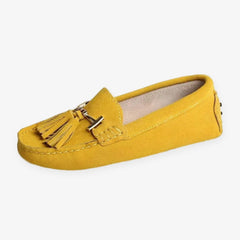 Damen-Loafer mit Quaste und goldener Schnalle aus Leder, Gelb