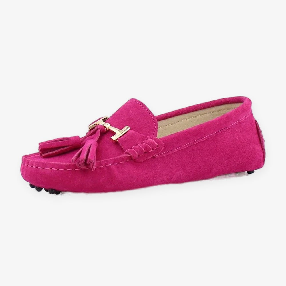 Damen-Loafer mit Quaste und goldener Schnalle aus Leder, Violett, Ansicht 13