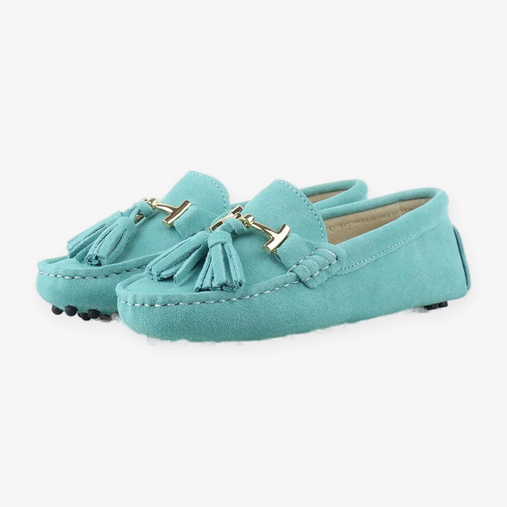 Damen-Loafer mit Quaste und goldener Schnalle aus Leder, Grün, Ansicht 19