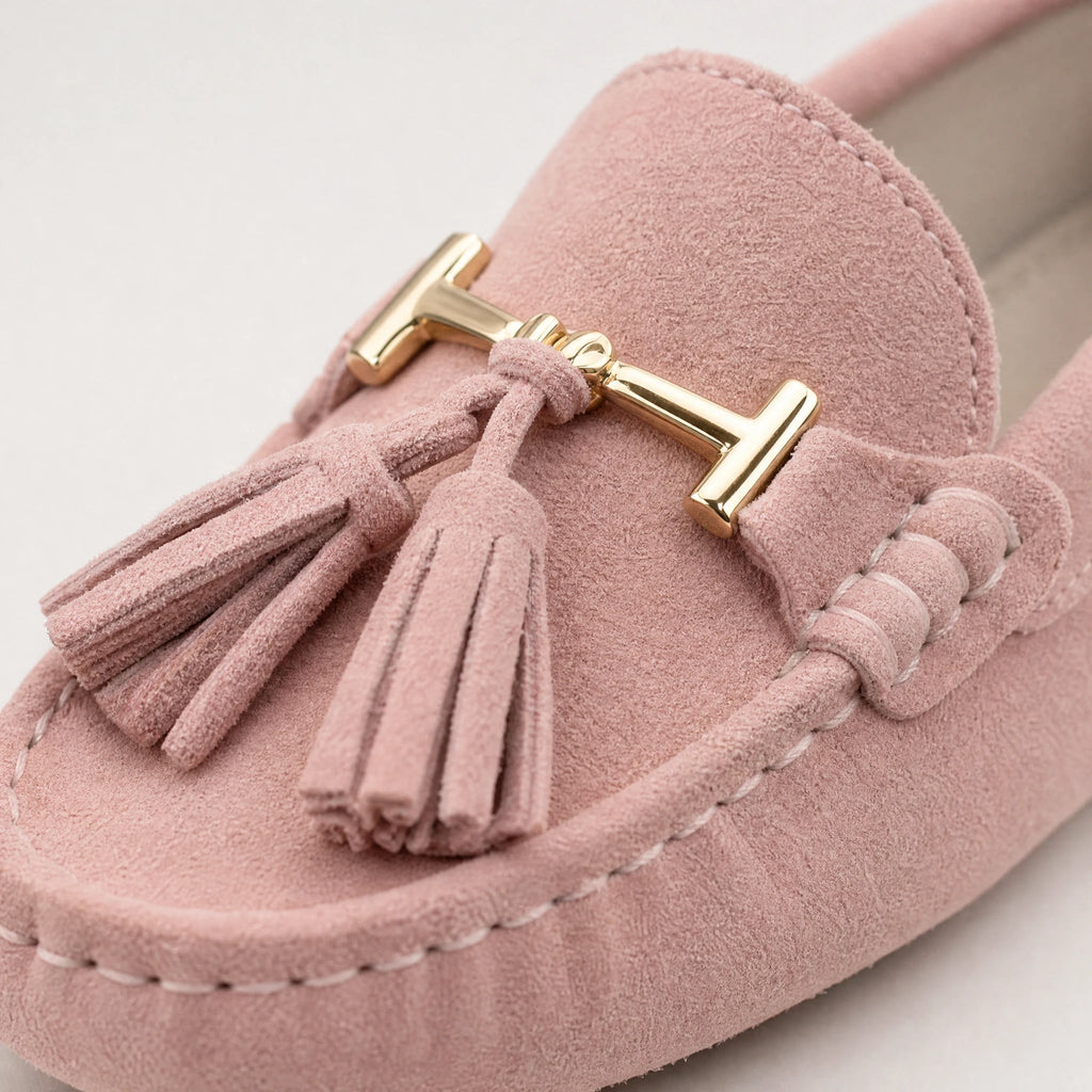 Damen-Loafer mit Quaste und goldener Schnalle aus Leder, Fuchsia, Ansicht 2