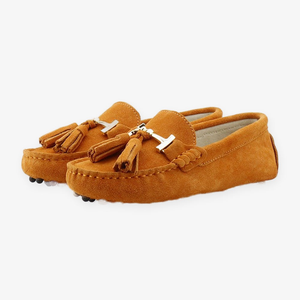 Damen-Loafer mit Quaste und goldener Schnalle aus Leder, Gelb, Ansicht 23