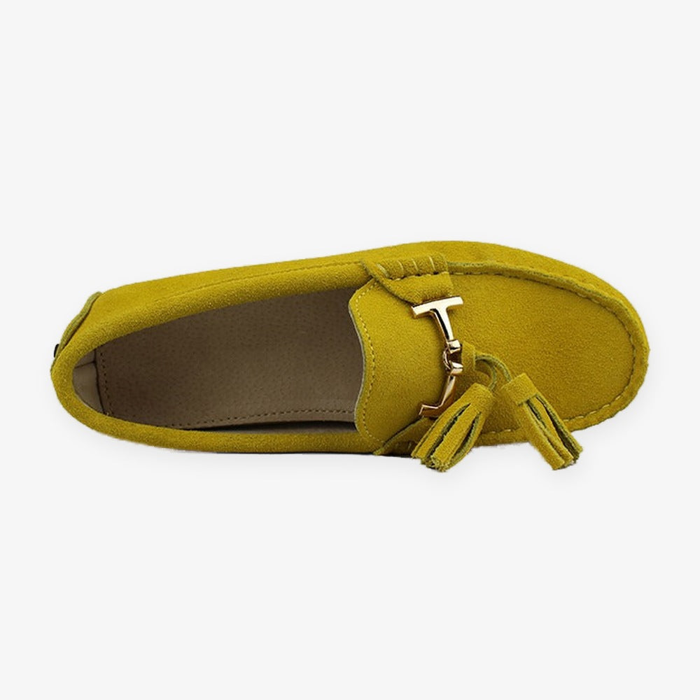 Damen-Loafer mit Quaste und goldener Schnalle aus Leder, Gelb, Ansicht 24