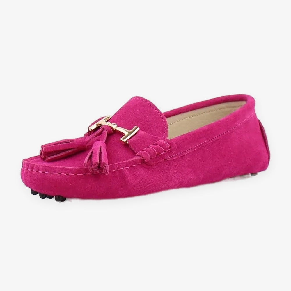 Damen-Loafer mit Quaste und goldener Schnalle aus Leder, Rosa, Ansicht 5