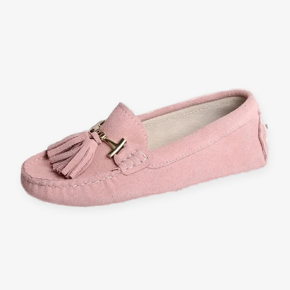 Damen-Loafer mit Quaste und goldener Schnalle aus Leder, Rosa, Ansicht 6