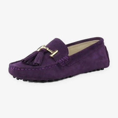 Damen-Loafer mit Quaste und goldener Schnalle aus Leder, Violett