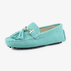 Damen-Loafer mit Quaste und goldener Schnalle aus Leder, Türkis