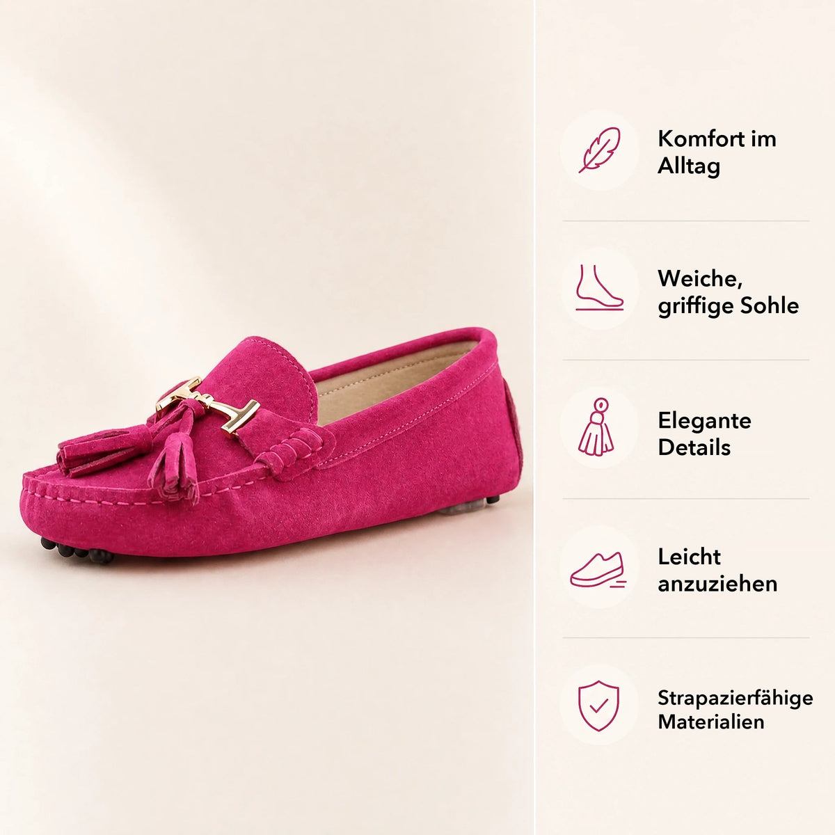 Damen-Loafer mit Quaste und goldener Schnalle aus Leder, Fuchsia, Ansicht 4
