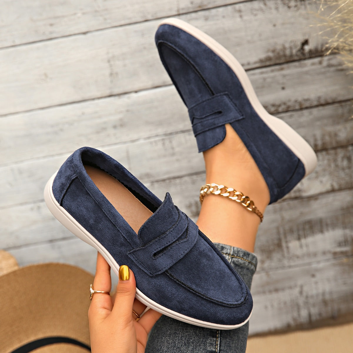 Damen-Loafer mit Spange und weißer Sohle, Marineblau, Ansicht 13