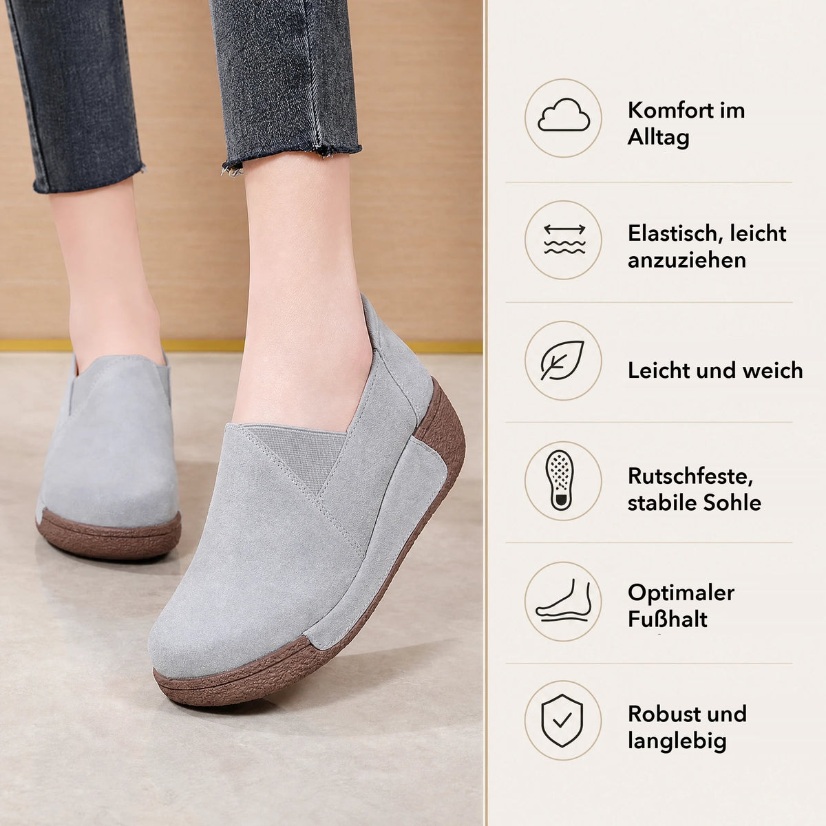 Damen-Loafer aus Veloursleder mit dicker Sohle in Hellgrau, Ansicht 5