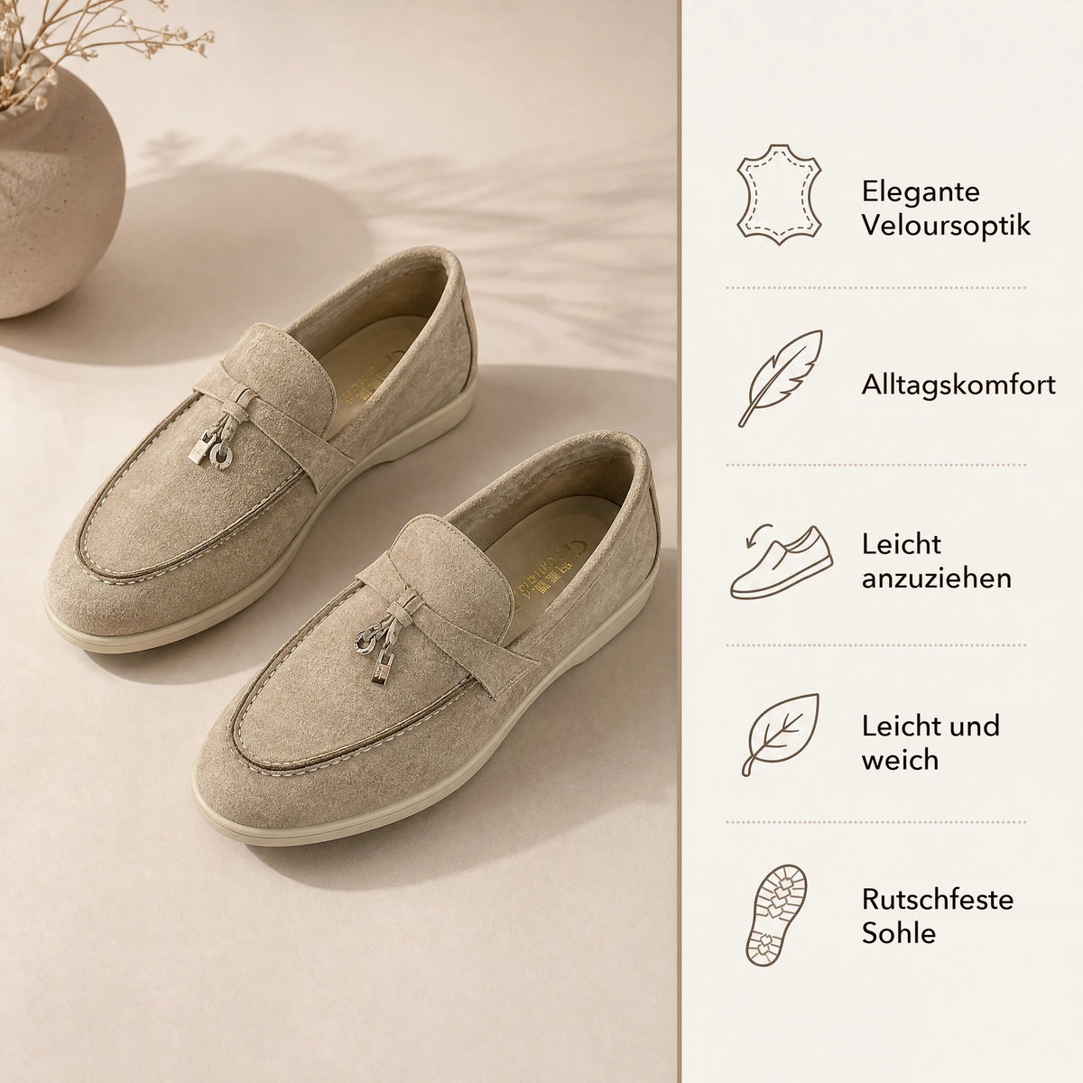 Damen-Loafer aus Wildlederimitat mit Metallquaste in Taupe, Ansicht 4